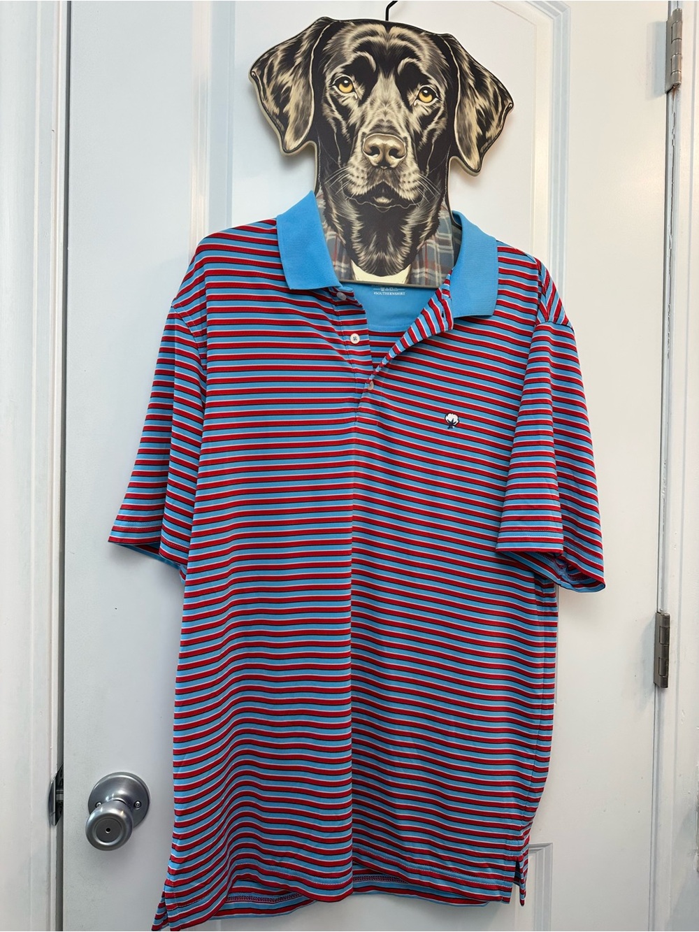 Southern Shirt Men's Blue and Red Striped Performance Polo Cotton logo